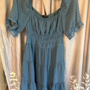 Trixxi Dusty Blue Swiss Dot Midi Dress